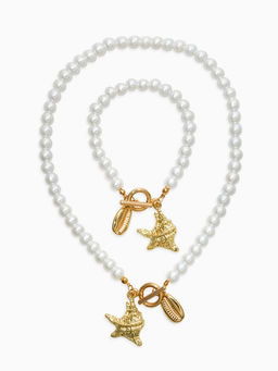 Набор 2 пред-та: бусы.браслет "Жемчуг", ракушка, цвет белый в золоте L=18/42см №8