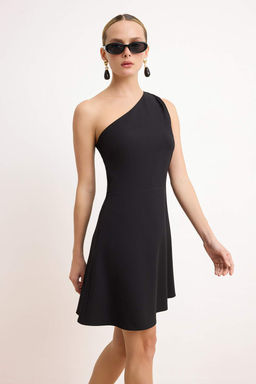 Siyah Tek Kol Etegi Belden Ac?lan K?sa / Mini Esnek Dokuma Elbise TWOSS26EL00290