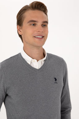 Erkek Slim Fit V Yaka Gri Melanj Basic Kazak - U.s. polo assn фото 9