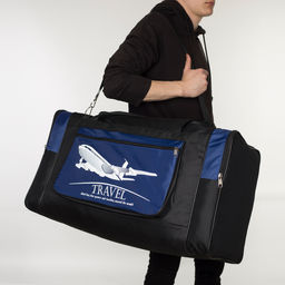 Сумка дорожная на молнии, 3 наружных кармана, длинный ремень, чёрная, синяя