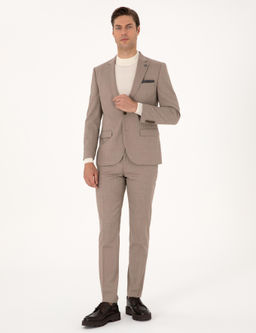 Bej Ex. Slim Fit Y_n Kar___ml_ _izgili Tak_m Elbise