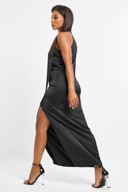 Платье вечернее с ассиметричным вырезом из атласа черное новый год