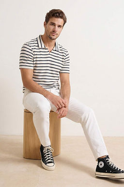 Lacivert Regular/Normal Kesim Dokulu _izgili Polo Yaka T-shirt TMNSS26PO00013