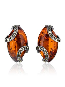 Необычные серьги с марказитами и цельным янтарём Эйфория