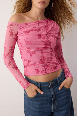 Pembe Cicekli Tul Astarl? Asimetrik Yaka Orme Orme Bluz TWOAW24BZ00051