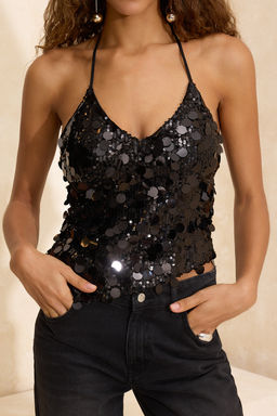 Siyah Payetli Ask?l? Asimetrik Kesim Bluz TPRSS26BZ00017