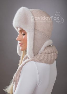 Комплект ушанка трикотаж экомех розовый жемчуг косынка