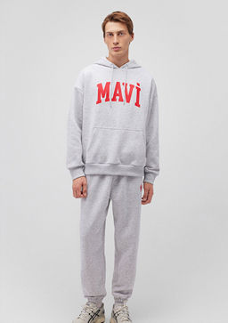 Mavi Logo Bask?l? Kapusonlu Gri Sweatshirt