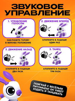 Робот кролик Питомец IQ BOT, интерактивный: с записью звуков, реагирует на хлопки, звук, свет, на батарейках, розовый  фото 5