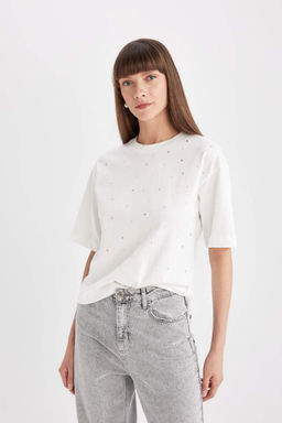 Широкая футболка оверсайз с круглым вырезом и детальной отделкой из чесаного хлопка с короткими рукавами - Defacto фото 5