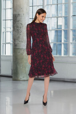 Pembe Cicekli A Kesim Dik Yaka Midi Astarl? Sifon Dokuma K?sl?k Elbise TWOAW20EL1313