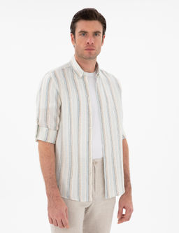 A__k Mavi Slim Fit _izgili Yakas_ D__meli %100 Keten G_mlek