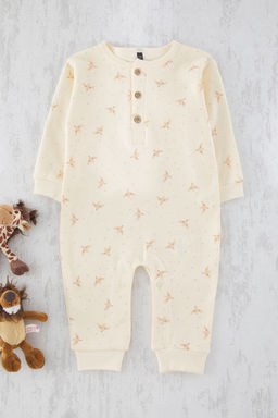 Bej Unsex Bebek %100 Pamuk Bask?l? Dugmeli Uzun Kol Tulum TKDSS25TU00003