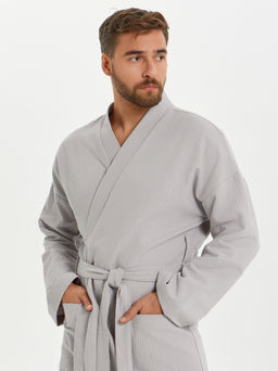 Вафельный удлиненный халат Кимоно унисекс "Ромбы" серый В-14 (20)