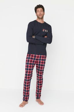 Trendyolmilla Man Lacivert Erkek Regular Fit Alt Ekose Orme Aile Kombini %100 Pamuk Pijama Tak?m? THMAW22PT0431