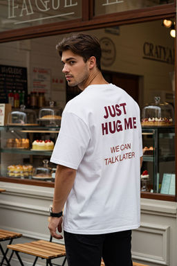 TRENDYOL MAN Beyaz Oversize/Genis Kesim Just Hug Me Bask?l? %100 Pamuk T-shirt TMNSS25TS00228 - Trendyolmilla фото 2