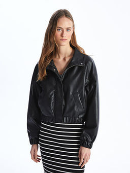 Dik Yaka Oversize Kad?n Bomber Deri G?r?n?ml? Mont