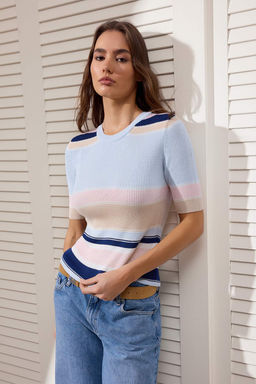 Somon Cizgili Fitted/Vucuda Oturan Triko Bluz TWOSS26BZ00131 - Trendyolmilla фото 3