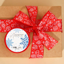 Цена за 2 шт. Лента атласная новогодняя Ёлочные украшения, красная, 4 см ? 5 м