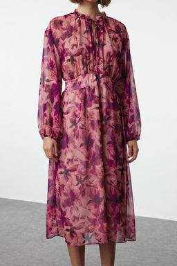 Trendyolmilla Cok Renkli Cicekli Etegi Belden Ac?lan Maxi Astarl? Dokuma K?sl?k Elbise TWOAW25EL00179 фото 9