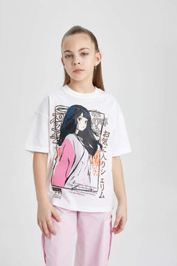 Футболка оверсайз с принтом и короткими рукавами для девочек