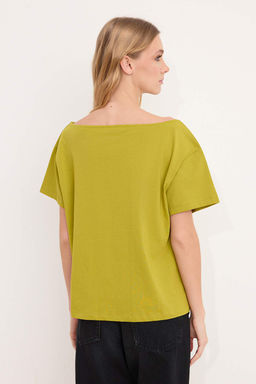 Yag Yesili %100 Pamuk Oversize/Genis Kal?p Kay?k Yaka Orme T-Shirt TWOSS20TS0140