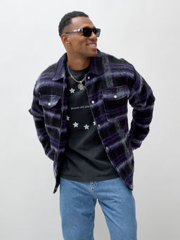 Куртка рубашка шерстяная в клетку мужская демисезонная темно-фиолетового цвета 58569TF