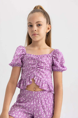 Укороченная футболка с короткими рукавами и складками для девочек - Defacto фото 4