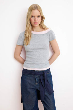 Gri Melanj Fitted/Vucuda Oturan Asimetrik Yaka K?sa Kollu Pamuk Ribana Orme Bluz TWOSS26BZ00522