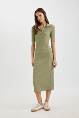 Bodycon Polo Yaka Vucuda Oturan Basic Duz Fitilli Kaskorse K?sa Kollu Midi Elbise