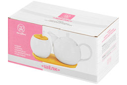 Набор - чайник 900 мл + сахарница 450 мл "Шелк" с ложкой на дер. подставке