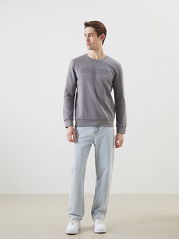 Bisiklet Yaka Bask?l? Erkek Kal?n Sweatshirt