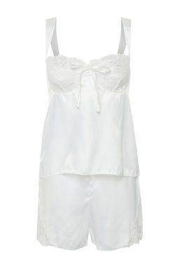 Bride/Bridal Beyaz Dantelli Kurdele/Fiyonklu Tokal? Saten Sortlu Dokuma Pijama Tak?m? THMSS24PT00157