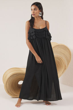 Trendyolmilla Siyah Dokuma Midi Volanl? Plaj Elbisesi TBESS25EL00132