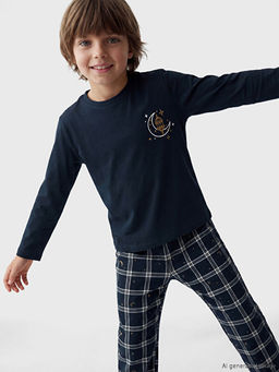 Bisiklet Yaka Bask?l? Erkek ?ocuk Pijama Tak?m