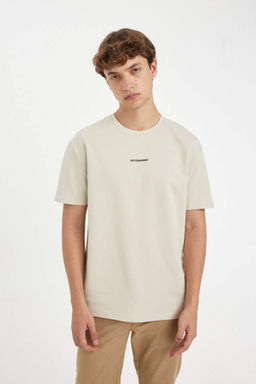 Футболка из плотной ткани с короткими рукавами и круглым вырезом обычного кроя с принтом - Defacto фото 3