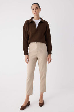 Bej Cigarette Kal?p Pensli Yuksek Bel Bilek Boy Dokuma Pantolon TWOAW26PL00014