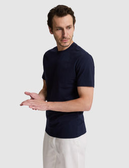 Lacivert Slim Fit Pamuk Kar___ml_ Bisiklet Yaka Basic T-shirt