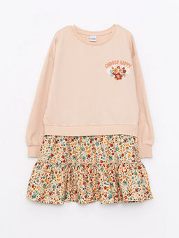 Bisiklet Yaka Bask?l? Uzun Kollu K?z ?ocuk Elbise