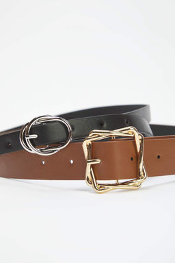 Siyah-Taba 2li Paket Deri Gorunumlu Kemer TWOAW26KE00007 - Trendyolmilla фото 2