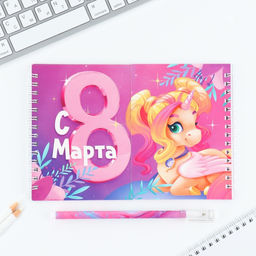 Подарочный набор, двойной блокнот с заданиями и ручка Волшебные единороги. 8 марта