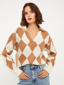 Polo Yaka Baklava Desenli Kad?n Triko Kazak