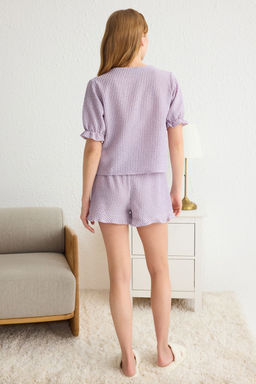 Trendyolmilla Mavi Dokulu Potikareli Baglama/Kurdele/Fiyonk Detayl? Sortlu Dokuma Pijama Tak?m? THMSS24PT00149  фото 18