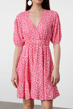 Pembe Cicekli Mini Skater Form Kruvaze Yaka Dokuma Elbise TWOSS24EL01074 - Trendyolmilla фото 3