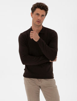 Koyu Kahverengi Slim Fit Polo Yaka Fermuarl_ Basic Triko Kazak - Pierre cardin фото 3