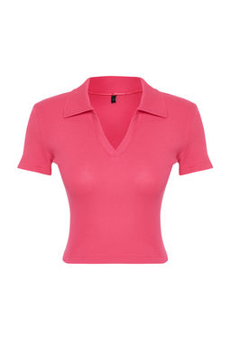 Fusya Fitted/Vucuda Oturan Crop Polo Yaka Fitilli Esnek Orme Bluz TWOSS21BZ0038
