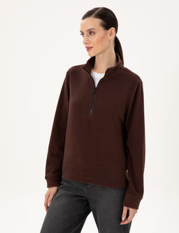 Kahverengi Comfort Fit Fermuarl_ Polar Sweatshirt