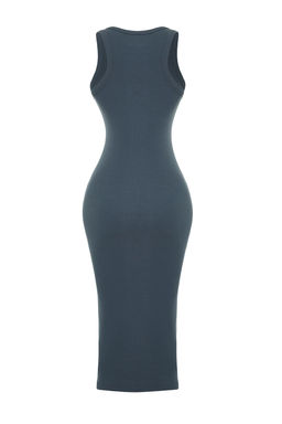 Ac?k Antrasit Bodycone/Vucuda Oturan Bisiklet Yaka Esnek Midi Orme Kalem Elbise TWOSS22EL1575