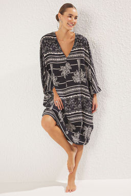 Tropikal Desenli Dokuma Plaj Midi Elbise TBESS25EL00031