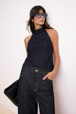 Koyu Mavi Halter Yaka Denim Bluz TWOSS26BZ00513